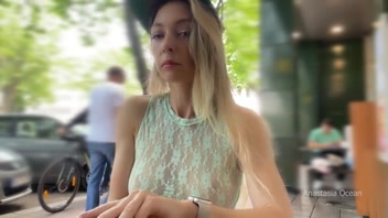Risky Public Cafe Orgasm in Sheer Top, No Panties!