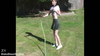 Zoe's Wet Fun: Hose Soaks Pierced Tits & Pussy!