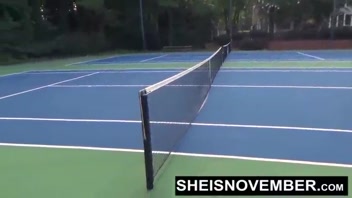 Deep Booty Wedgie & Public BJ on Tennis Court! Busty Blonde Flashes Big Boobs!